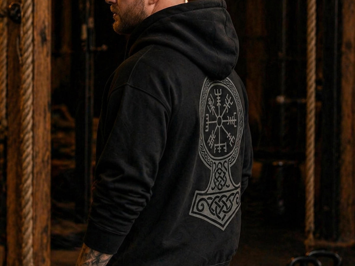Viking Thor's Hammer Hoodie - Viking Hoodie Men Vegvisir Compass Mjolnir Thor Hammer Norse