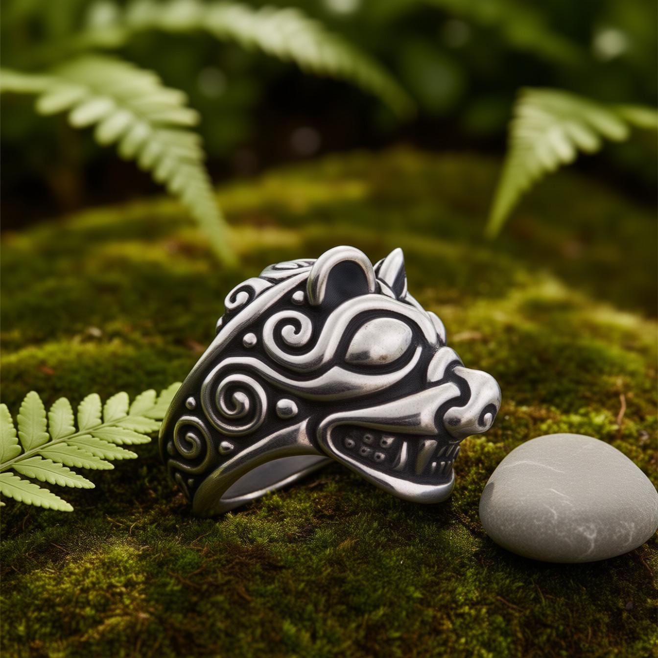 Viking Wolf Ring - Norse Raven Wolf Ring Silver Blue Stone Viking Celtic Knot Band