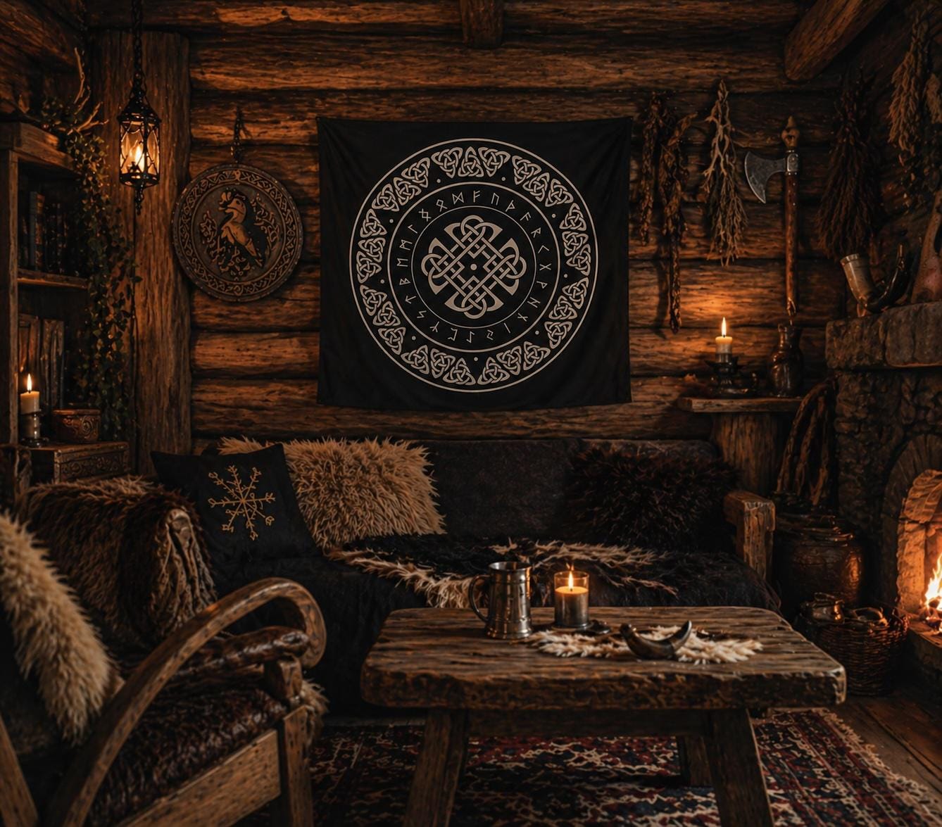 Viking Raven Rug - Viking Norse Mythology Rug, Raven Tree of Life, Nordic Ship Design, Celtic Knot