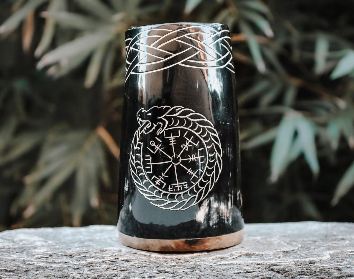 Viking Raven Mug - Authentic Drinking Horn Mug, Engraved Norse Raven Horn Tankard, Viking Mead