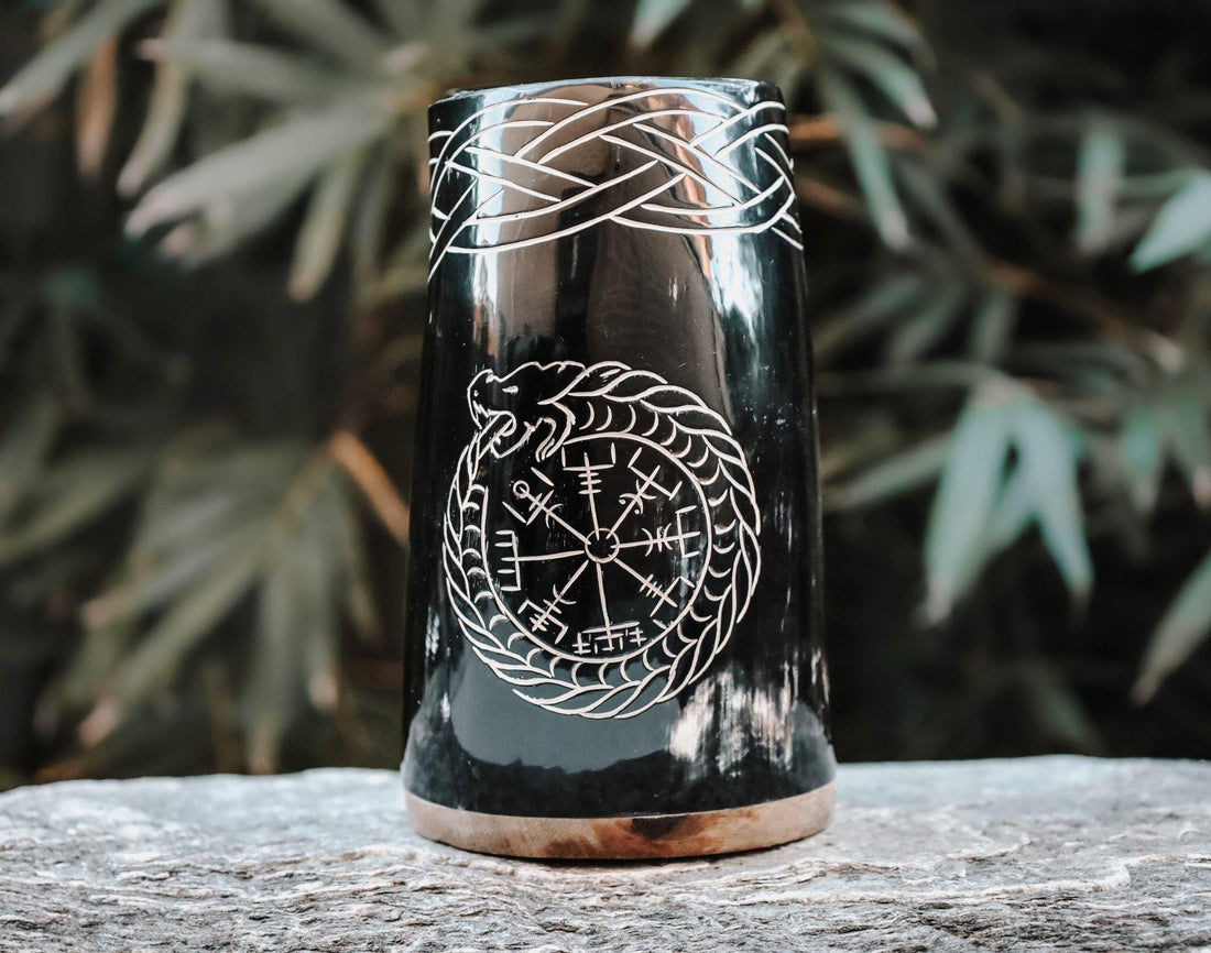 Viking Vegvisir Compass Mug - Viking Serpent Vegvisir Horn Mug – Handcrafted Buffalo Horn 500ml –