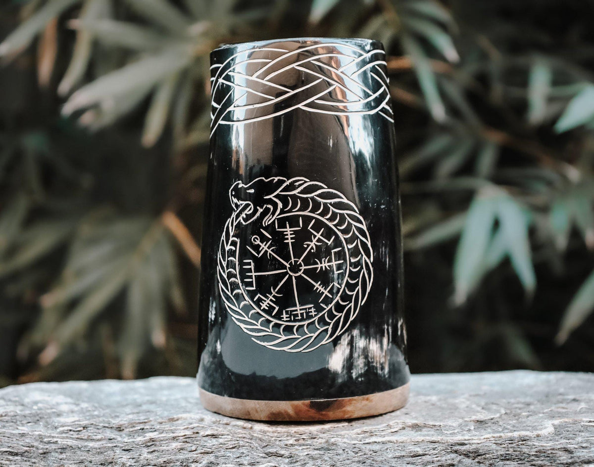 Viking Vegvisir Compass Mug - Viking Serpent Vegvisir Horn Mug – Handcrafted Buffalo Horn 500ml –