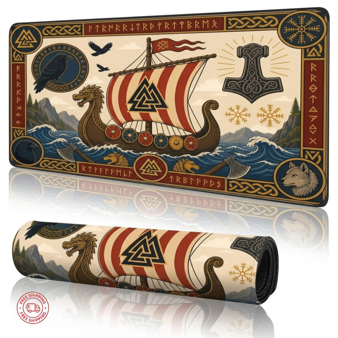 Viking Thor's Hammer Leather Accessory - Viking Desk Mat - Norse Mythology Mouse Pad, Longship &