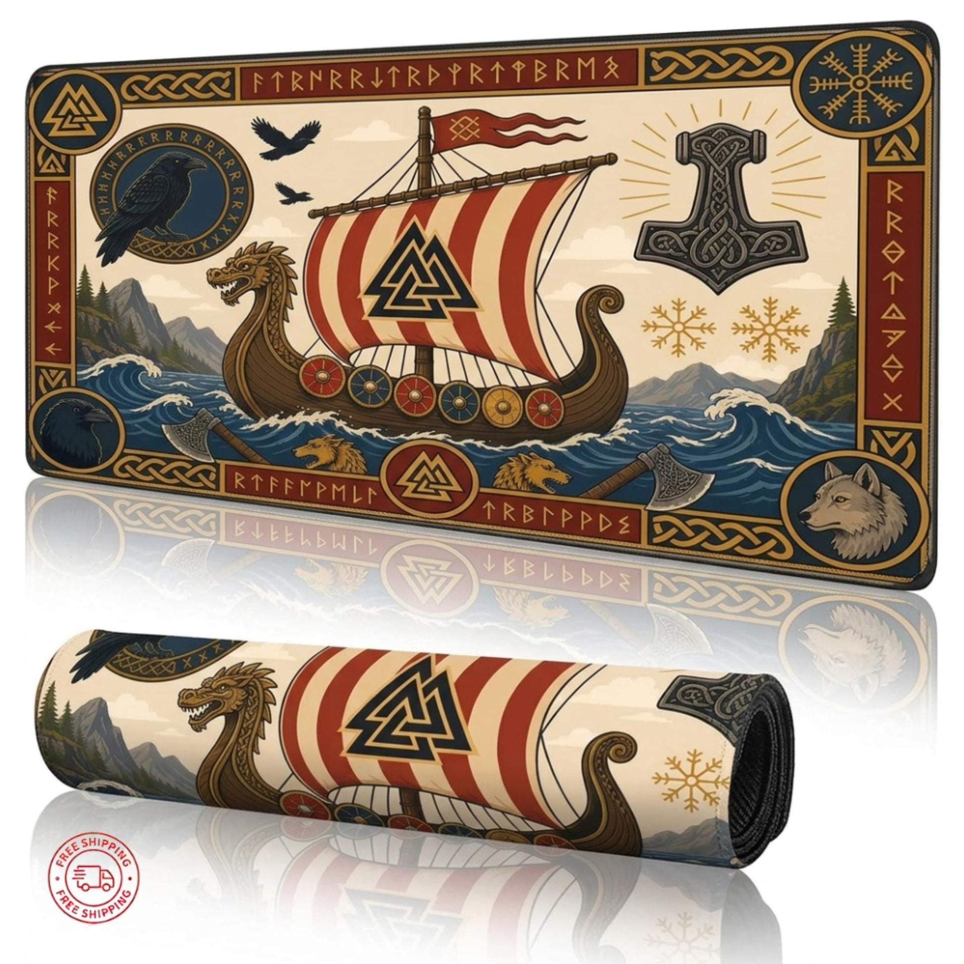 Viking Thor's Hammer Leather Accessory - Viking Desk Mat - Norse Mythology Mouse Pad, Longship &