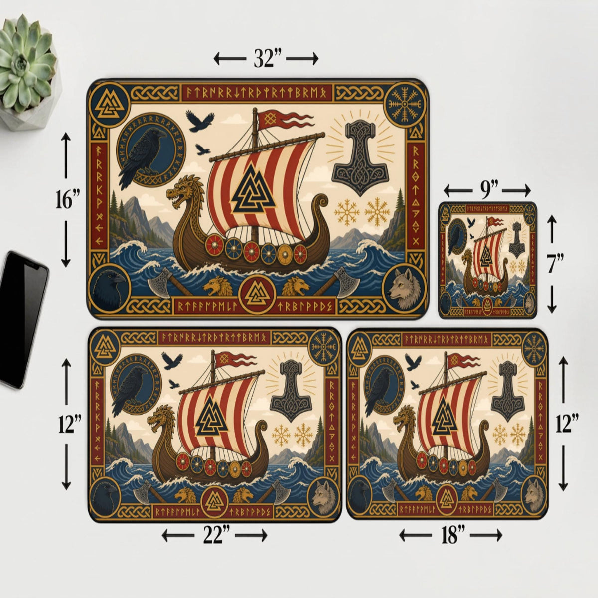 Viking Thor's Hammer Leather Accessory - Viking Desk Mat - Norse Mythology Mouse Pad, Longship &
