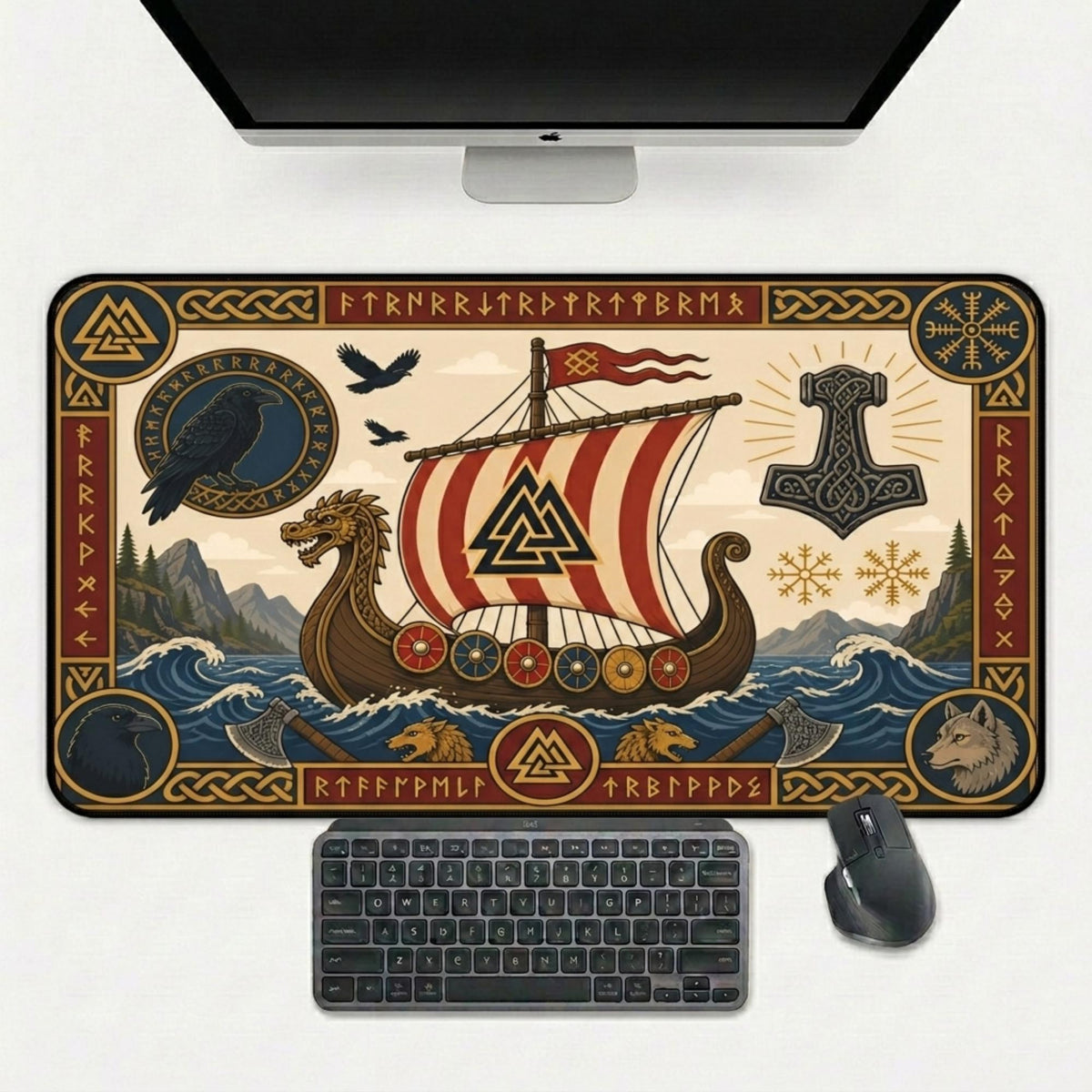 Viking Thor's Hammer Leather Accessory - Viking Desk Mat - Norse Mythology Mouse Pad, Longship &