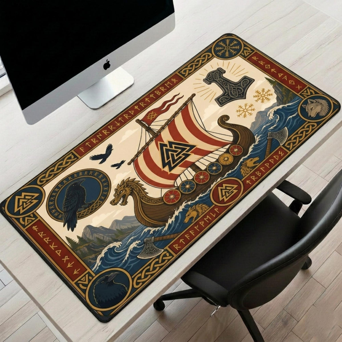Viking Thor's Hammer Leather Accessory - Viking Desk Mat - Norse Mythology Mouse Pad, Longship &