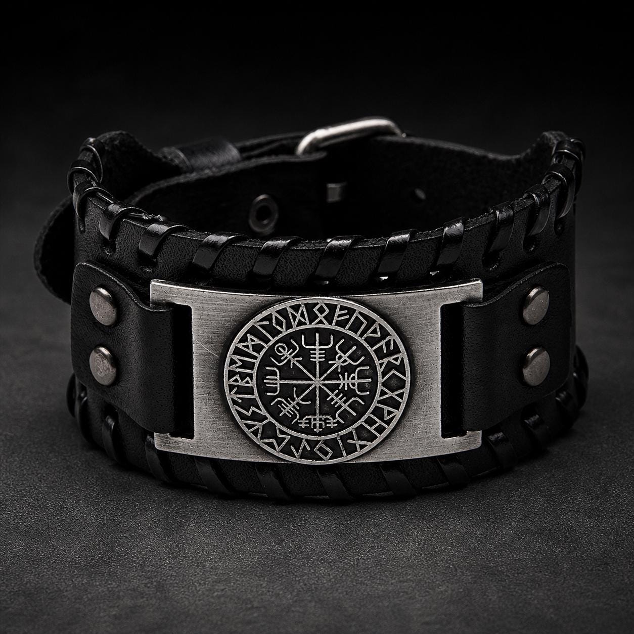 Viking Bracelet - Men’s Viking Leather Cuff Bracelet with Norse Compass, Medieval Warrior Wristband