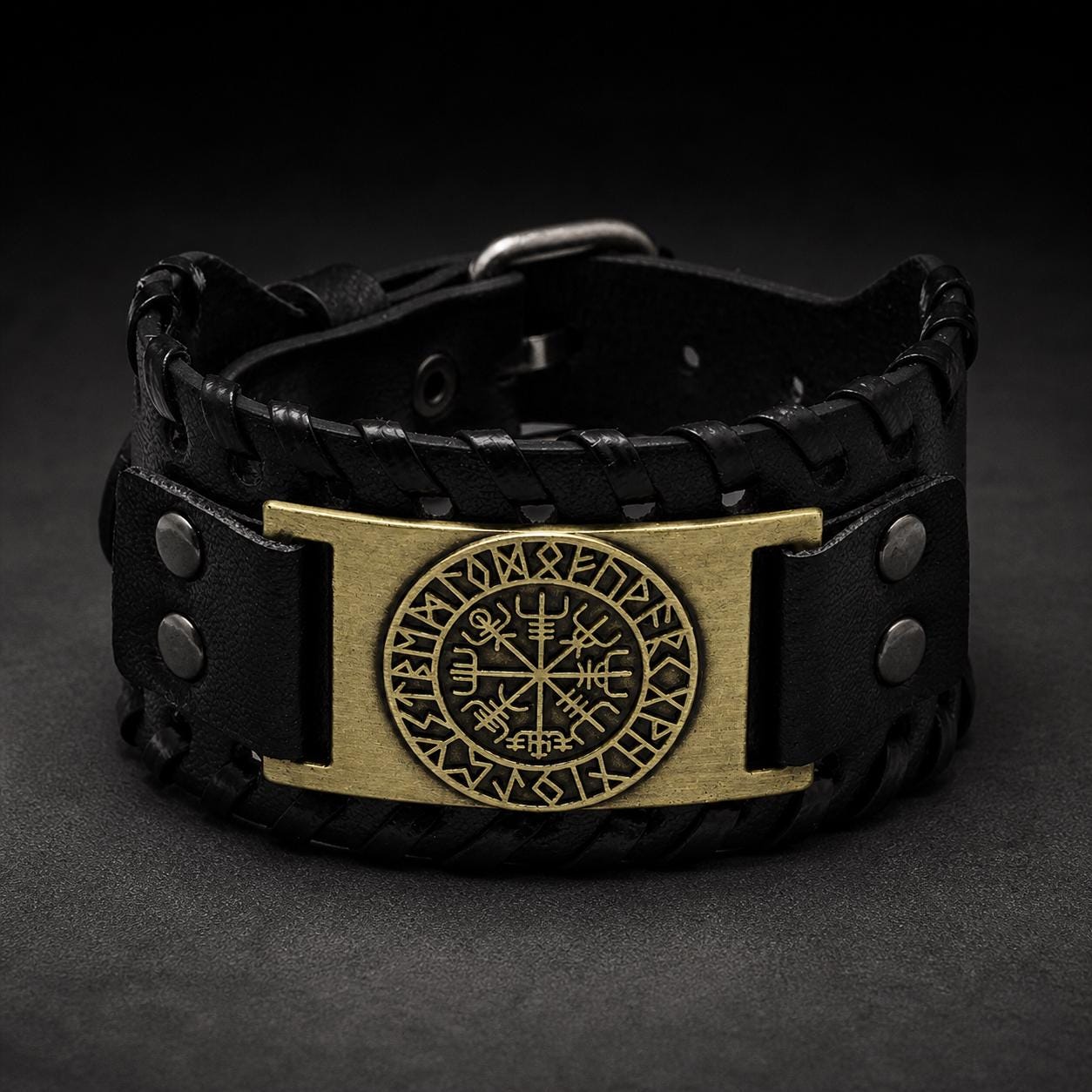 Viking Bracelet - Men’s Viking Leather Cuff Bracelet with Norse Compass, Medieval Warrior Wristband