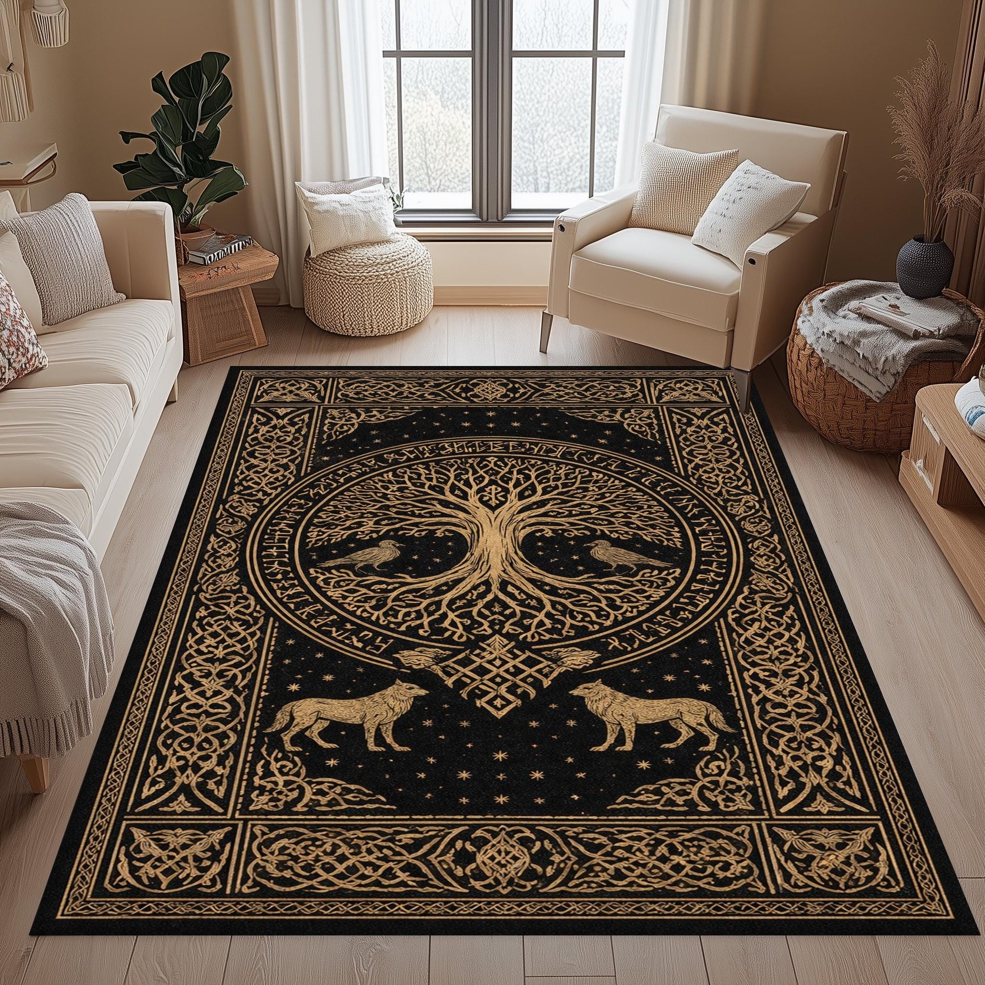 Viking Wolf Rug - Viking Wolf Head Rug, Norse Celtic Knot Mythology Art, Bronze Carved Nordic Decor