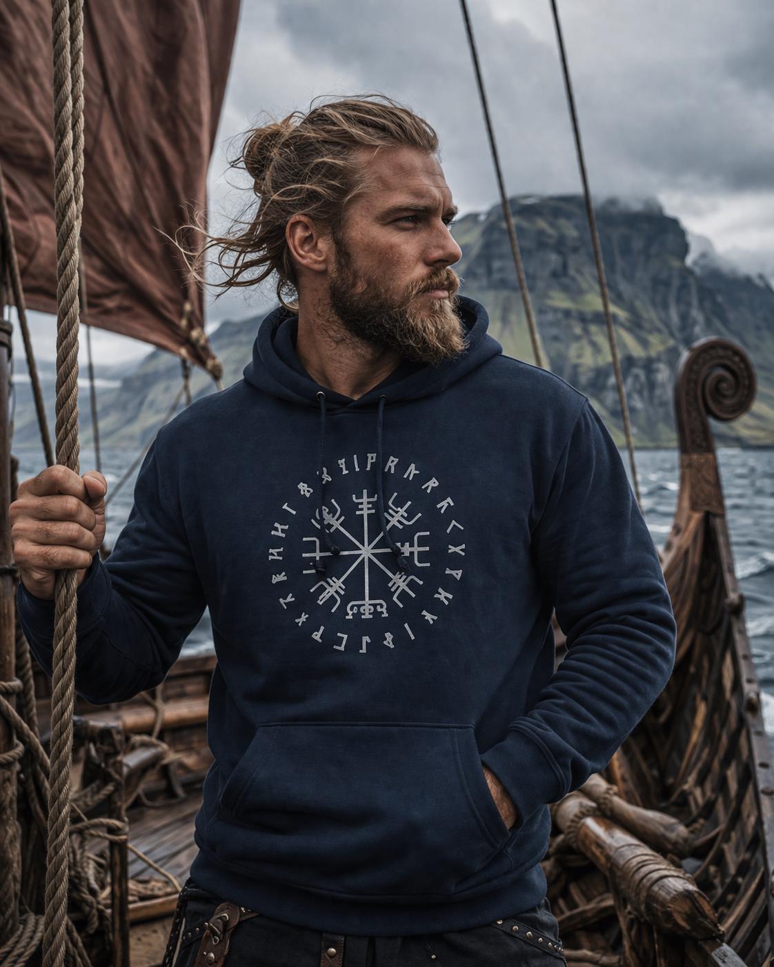 Viking Vegvisir Compass Hoodie - Runic Vegvisir Trident Hoodie - Norse Mythology, CoolMax Lined