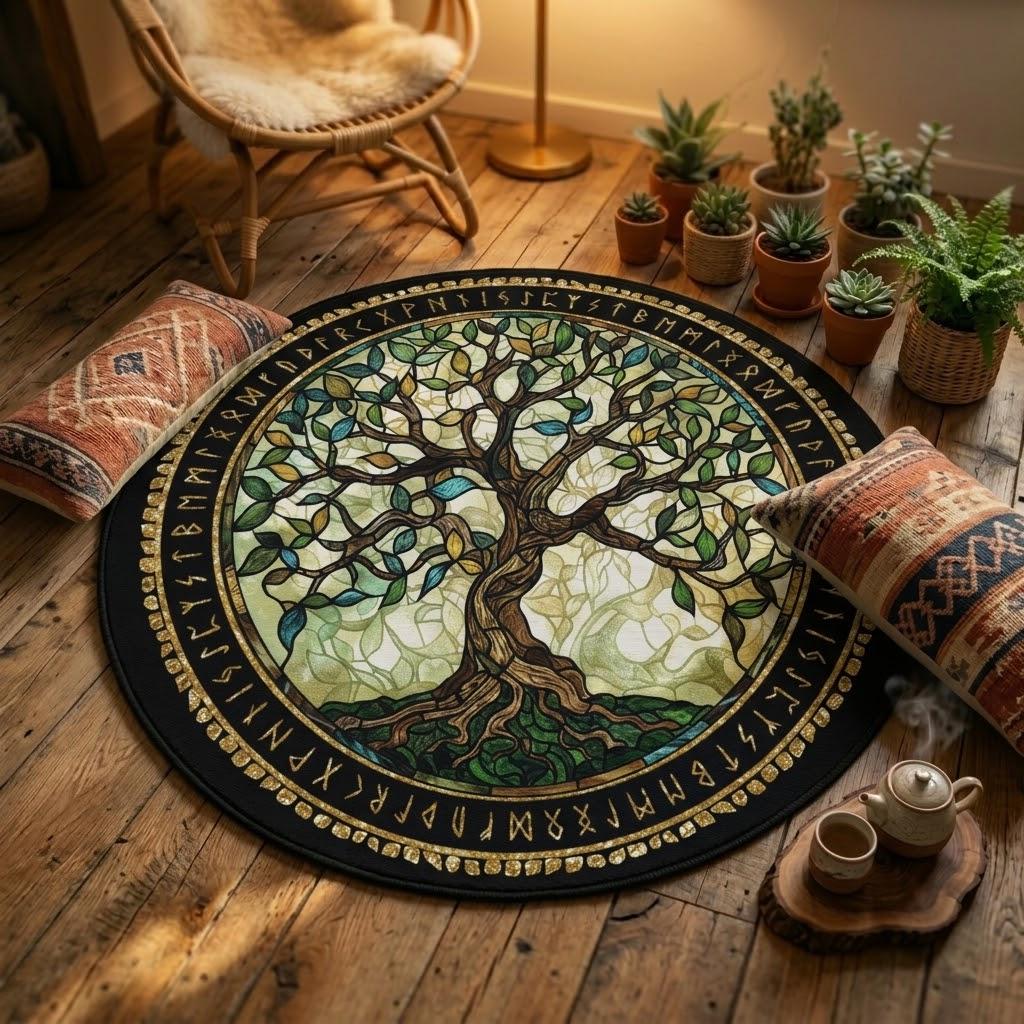 Viking Yggdrasil Tree of Life Rug - Yggdrasil Tree Of Life Round Rug, Nordic Carpet, Vikings Rug