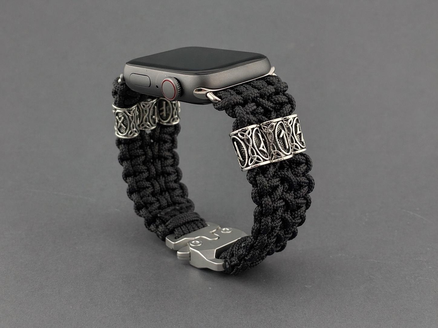 Viking Rune Bracelet - Silver Futhark Runes Bracelet for Apple Watch Nordic Runic Style Black