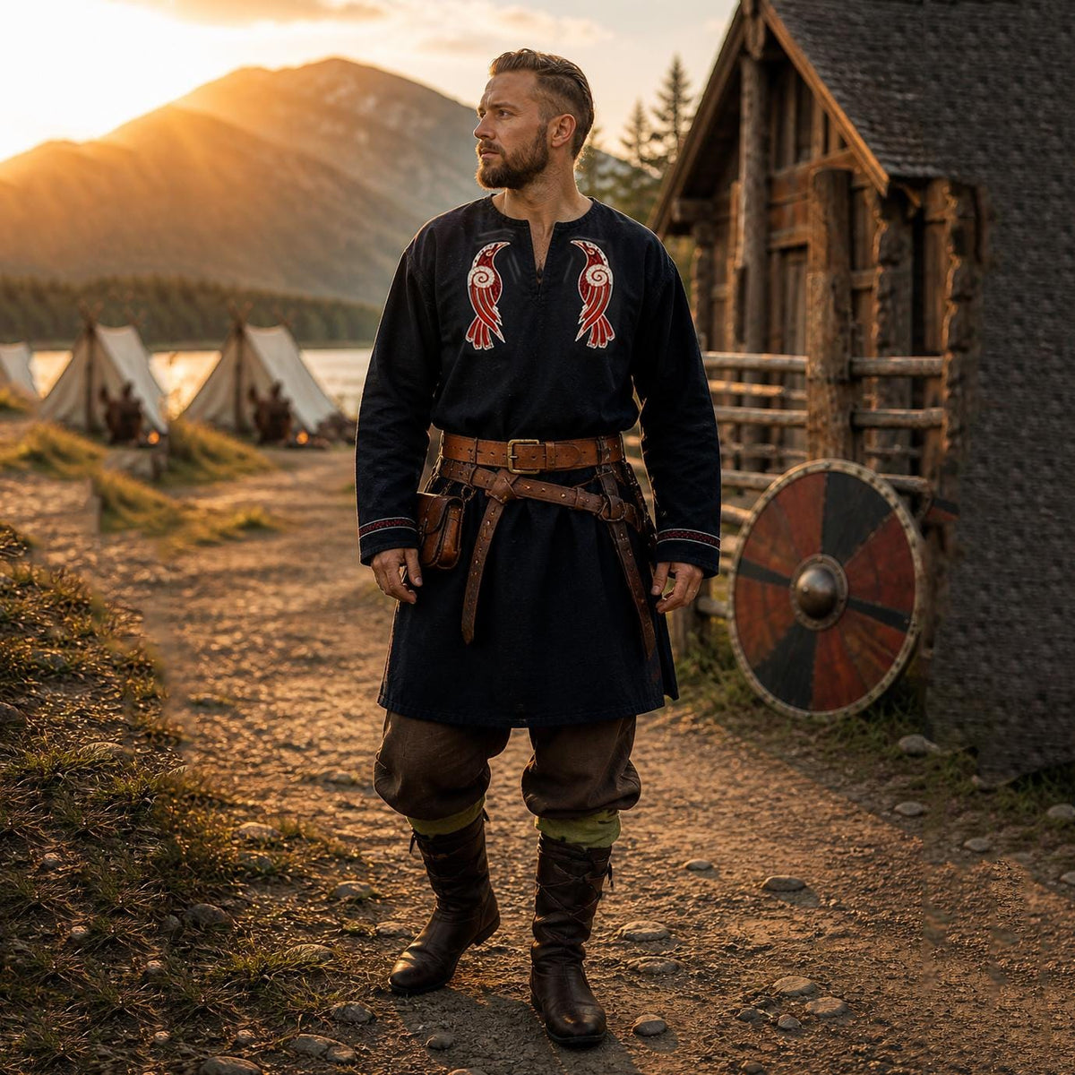 Viking T-Shirt - Green Viking tunic with leather details, Viking tunic for reenactment, LARP, and