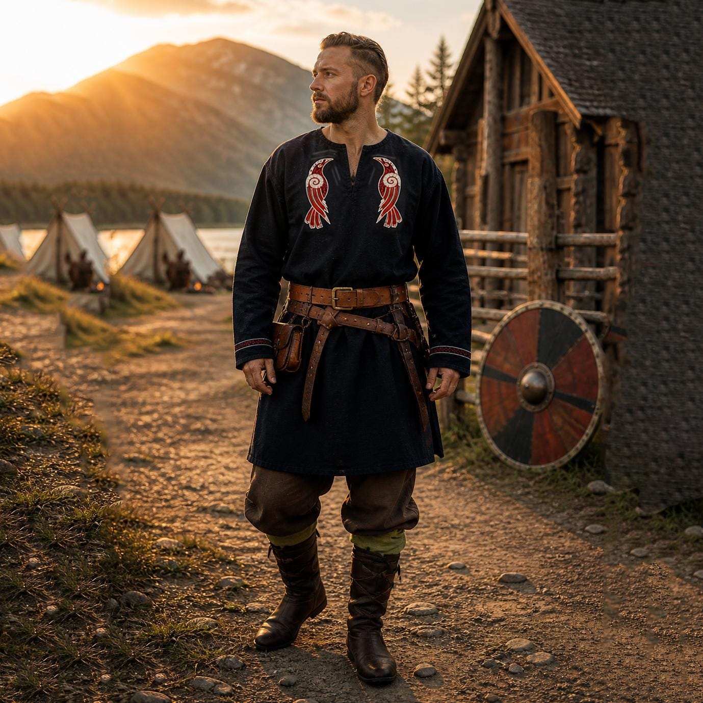 Viking T-Shirt - Green Viking tunic with leather details, Viking tunic for reenactment, LARP, and