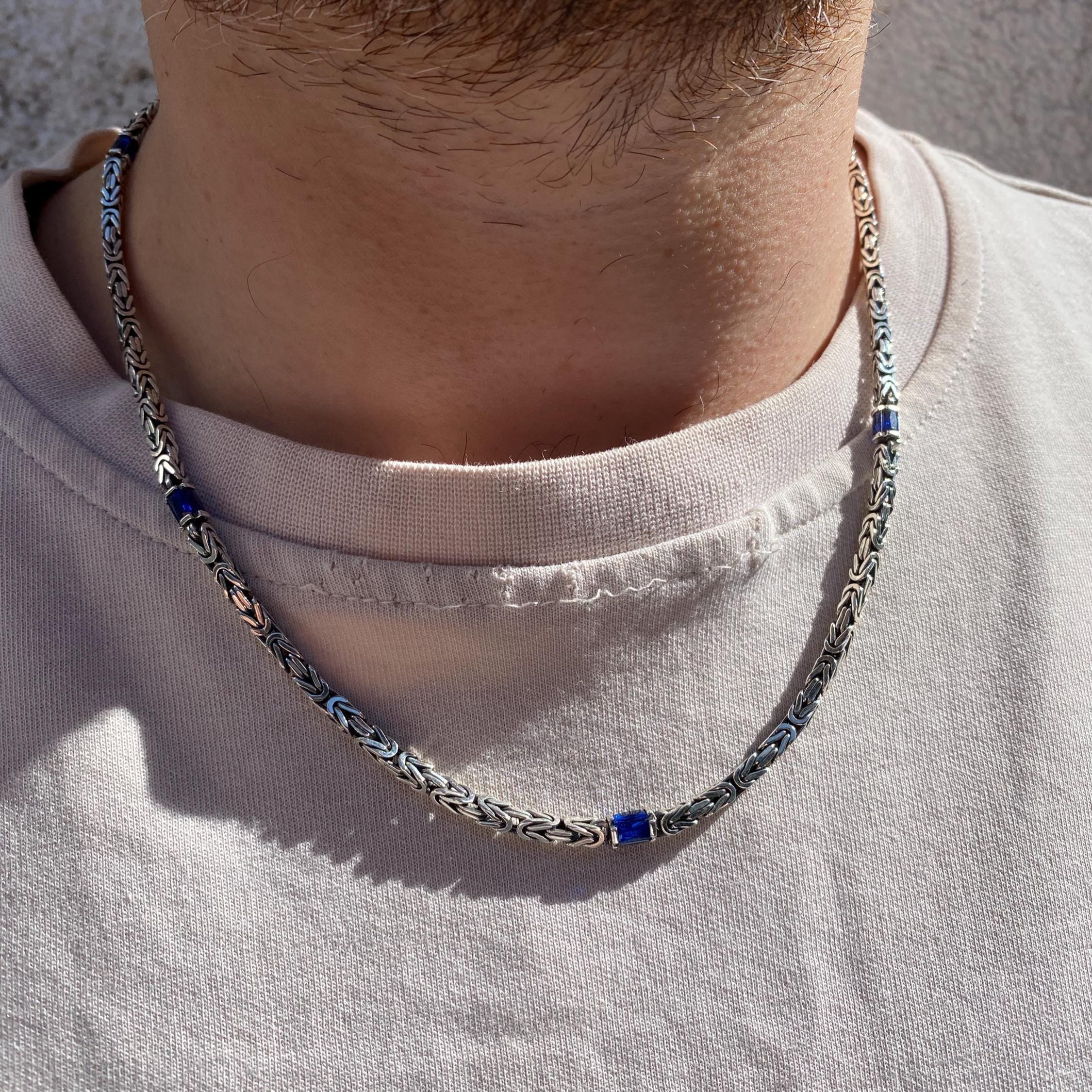 Viking Necklace - Oxidized Silver Square Byzantine Chain Necklace, 925 Sterling Silver Viking