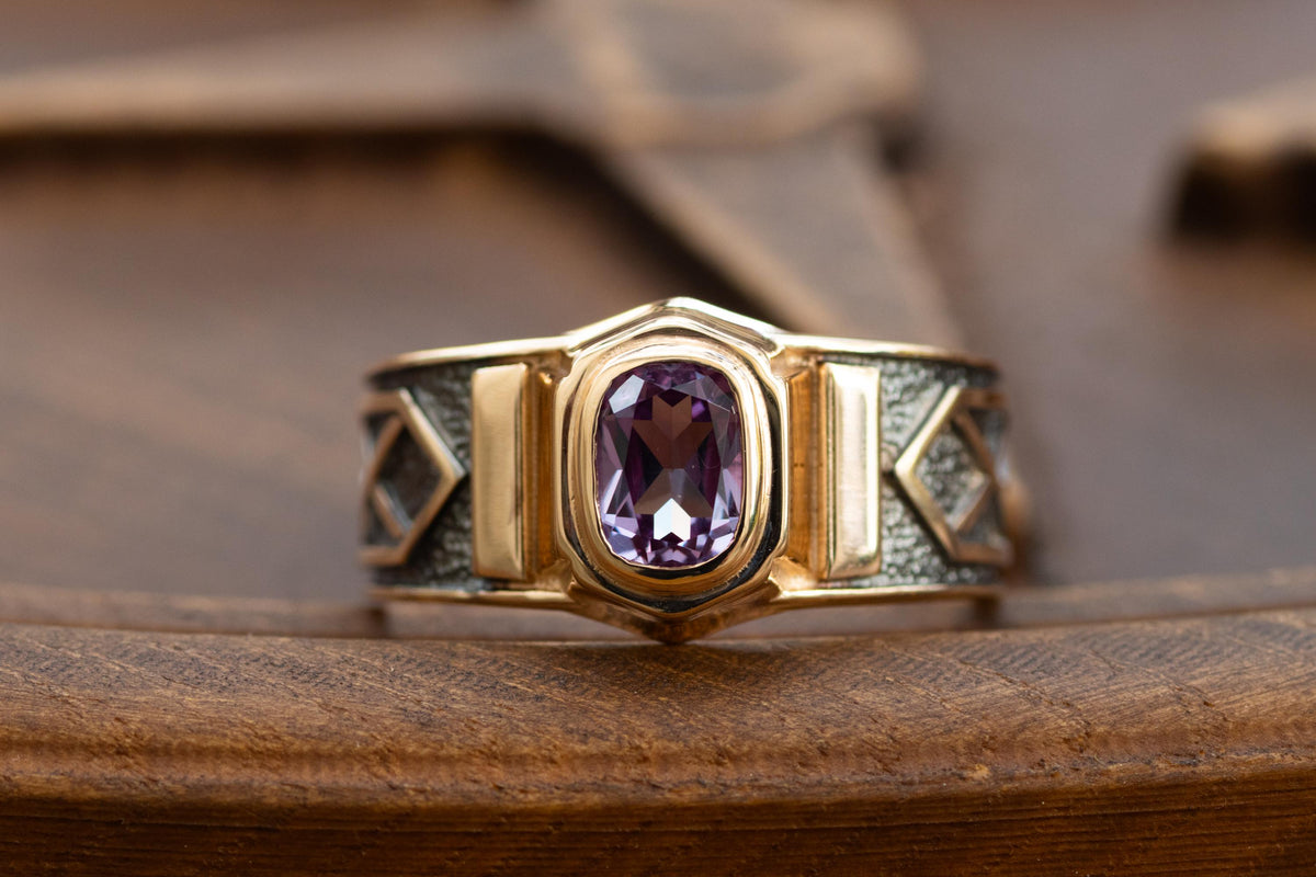Viking Ring - 14k gold dwarven ring, brutalist signet ruby gemstone ring, fantasy viking nordic