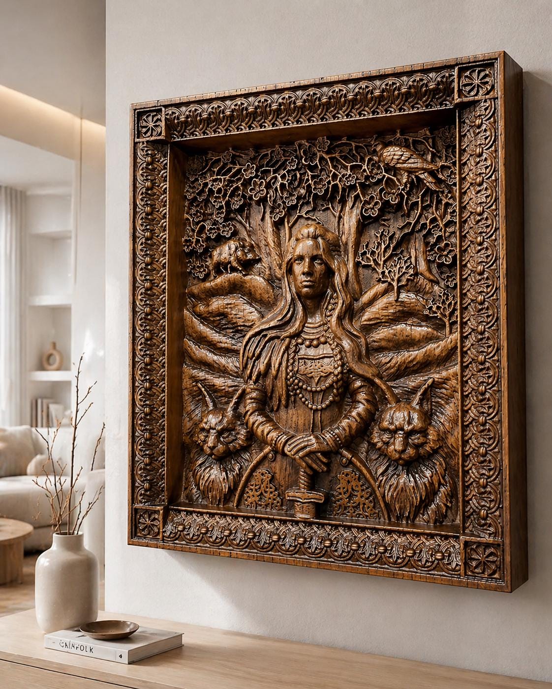 Viking Valknut Home Decor - Hand-Carved Wooden Ouroboros with Valknut, Viking Dragon Wall Decor