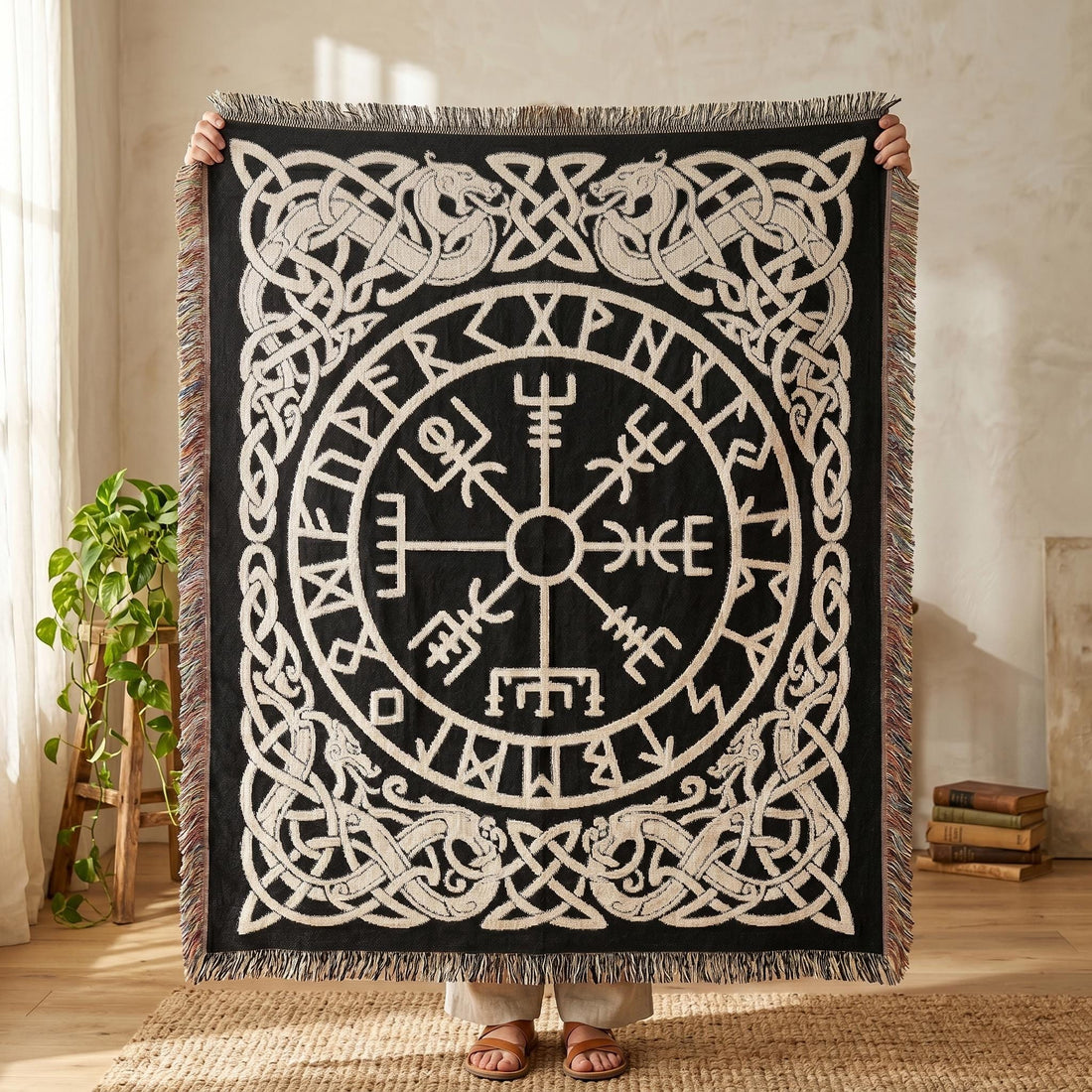Viking Vegvisir Compass Blanket - Vegvisir Runic Compass Woven Blanket, Elder Futhark Runes