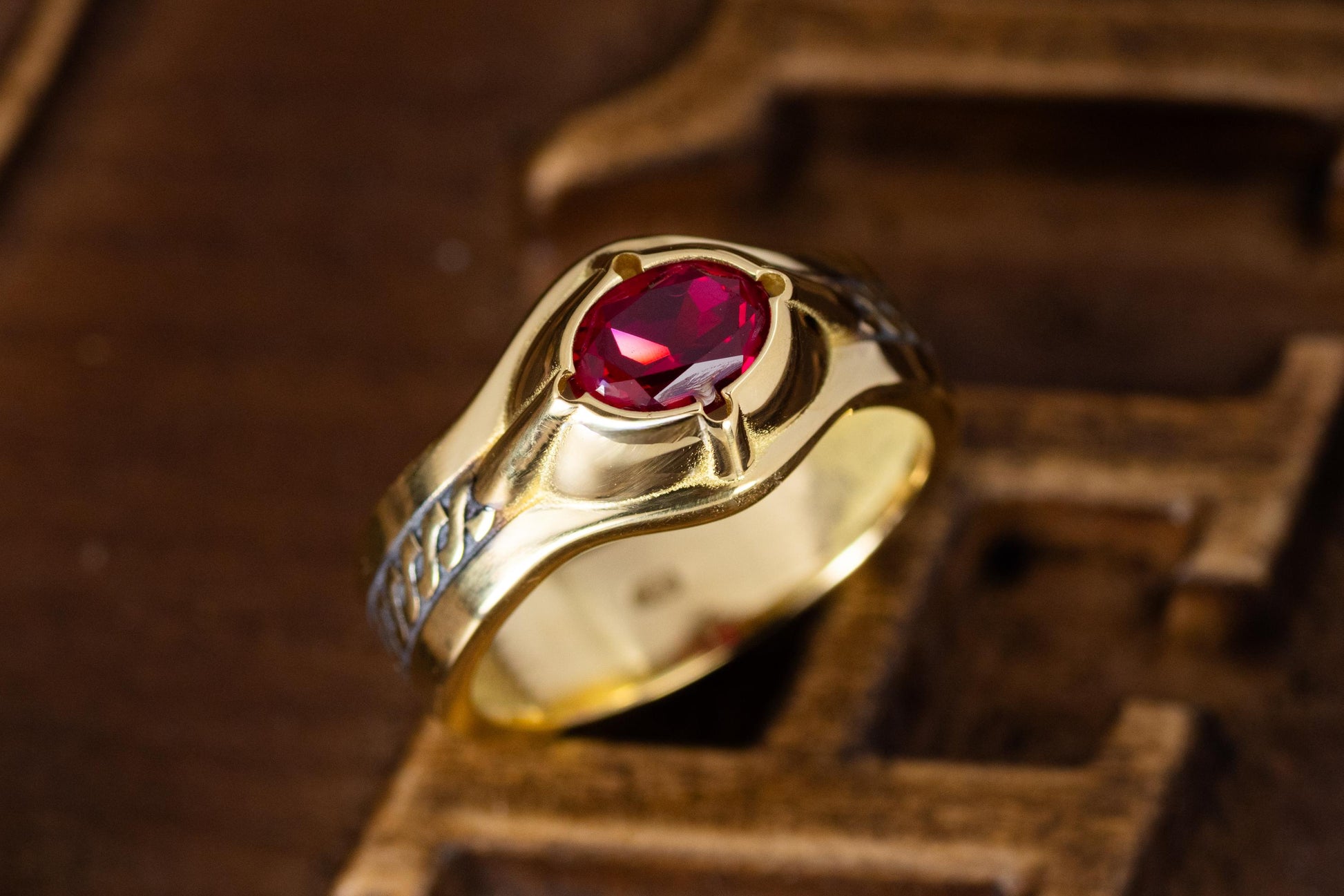 Viking Ring - 14k gold dwarven ring, brutalist signet ruby gemstone ring, fantasy viking nordic