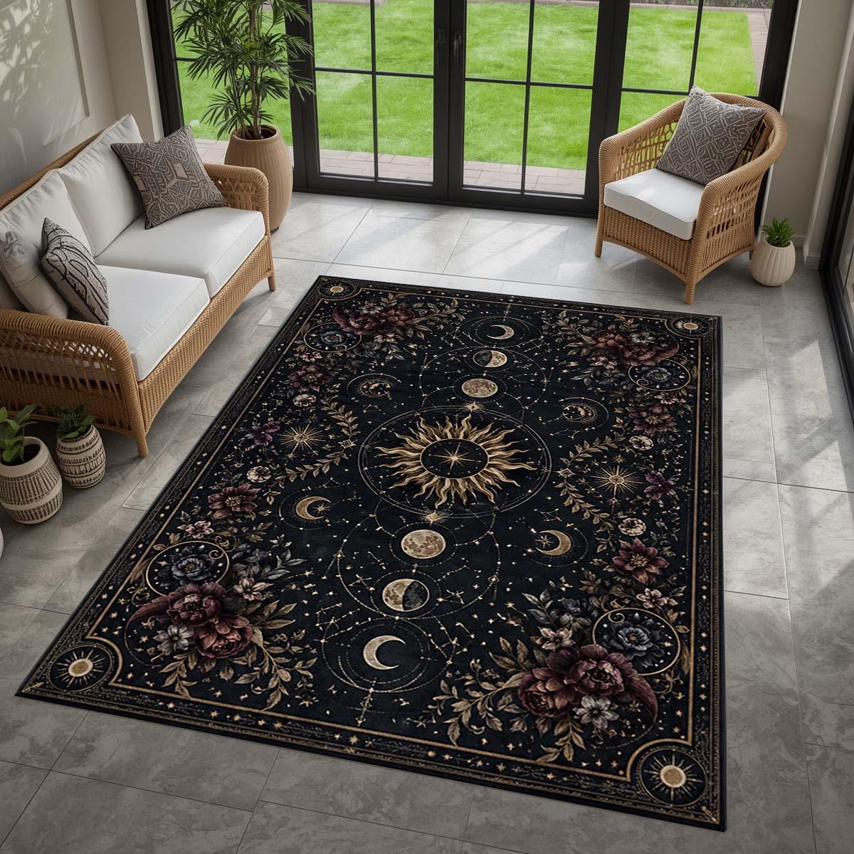 Viking Rune Rug - Norse Viking Ship Rug with Rune Circle and Mythic Animal Guardians, Black Gold