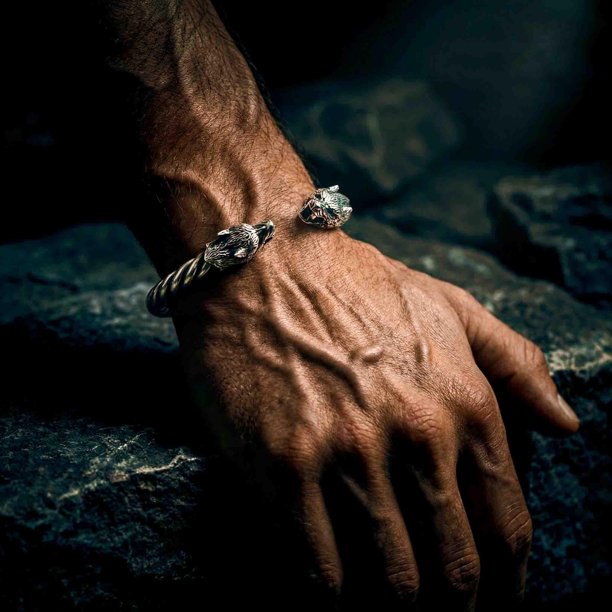 Viking Wolf Bracelet - Sterling Silver Wolf Head Torque Bangle – Nordic Viking Twisted Cuff