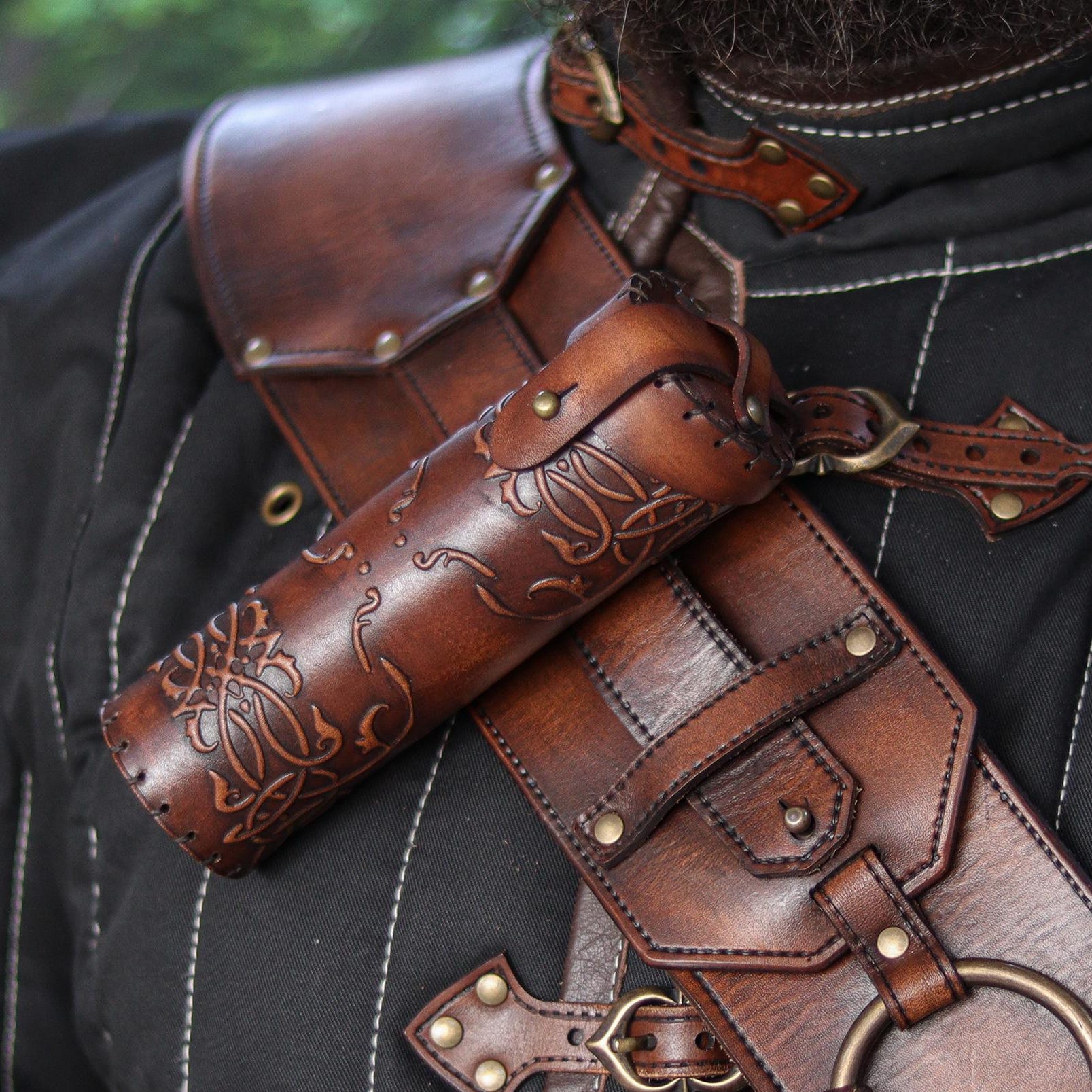 Viking Costume & LARP - Medieval Leather Bracer, Belt and Pouch for Halloween Cosplay, Viking