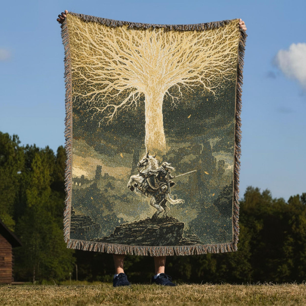 Viking Blanket - Viking Nordic Dragon Woven Cotton Throw Blanket, Fringed Tapestry Decor