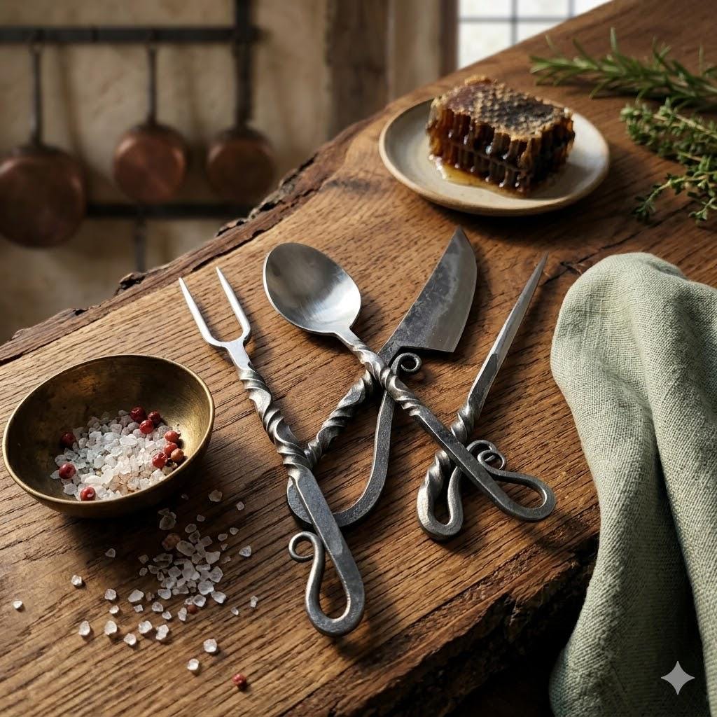 Viking Leather Accessory - Hand Forged Viking Cutlery Set – High Carbon Steel Medieval Utensils Set