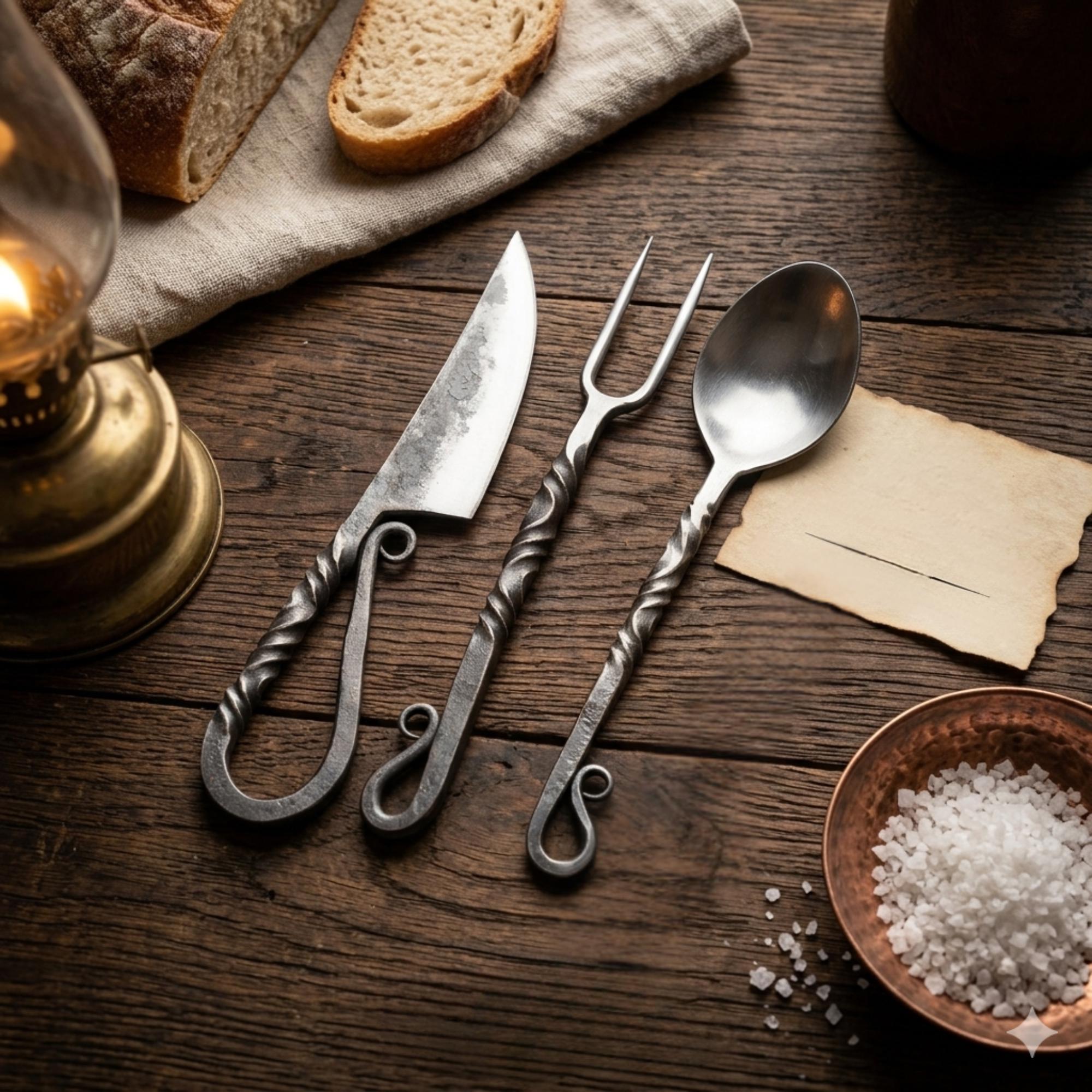 Viking Leather Accessory - Hand Forged Viking Cutlery Set – High Carbon Steel Medieval Utensils Set