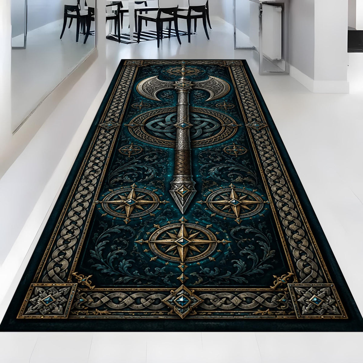 Viking Rug - Viking Axe Runner Rug: Blue Celtic Knot Carpet, Nordic Warrior Pattern, Fantasy Decor