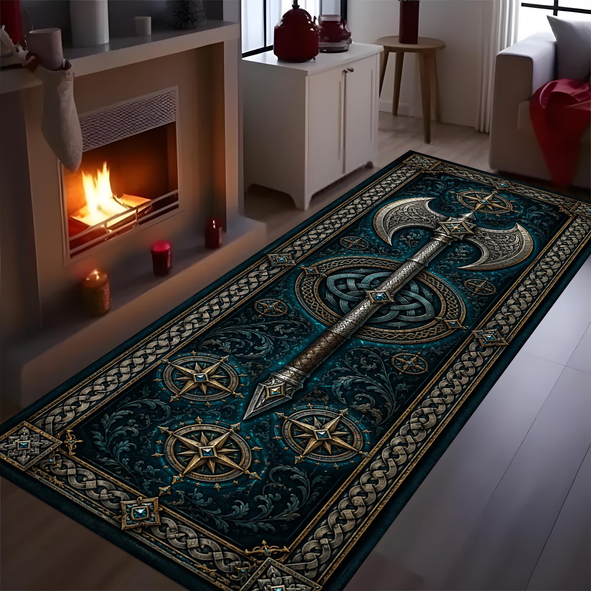 Viking Rug - Viking Axe Runner Rug: Blue Celtic Knot Carpet, Nordic Warrior Pattern, Fantasy Decor