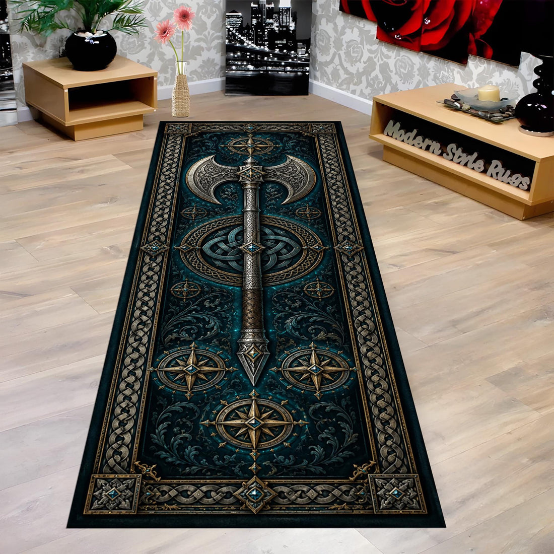 Viking Rug - Viking Axe Runner Rug: Blue Celtic Knot Carpet, Nordic Warrior Pattern, Fantasy Decor
