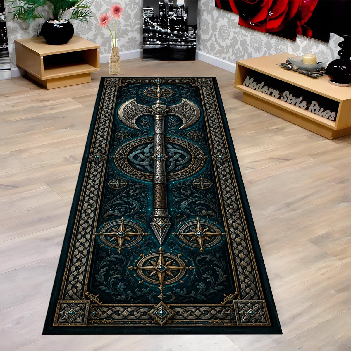Viking Rug - Viking Axe Runner Rug: Blue Celtic Knot Carpet, Nordic Warrior Pattern, Fantasy Decor
