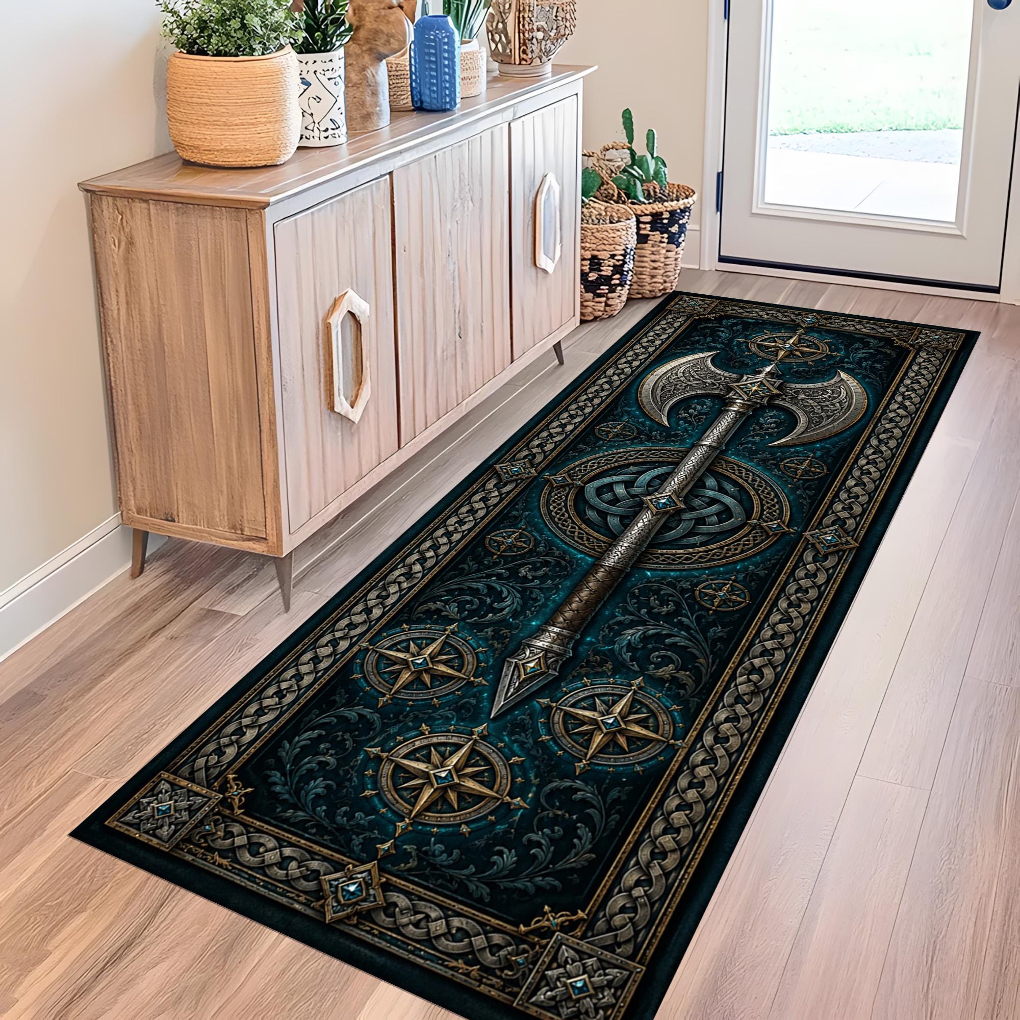 Viking Rug - Viking Axe Runner Rug: Blue Celtic Knot Carpet, Nordic Warrior Pattern, Fantasy Decor