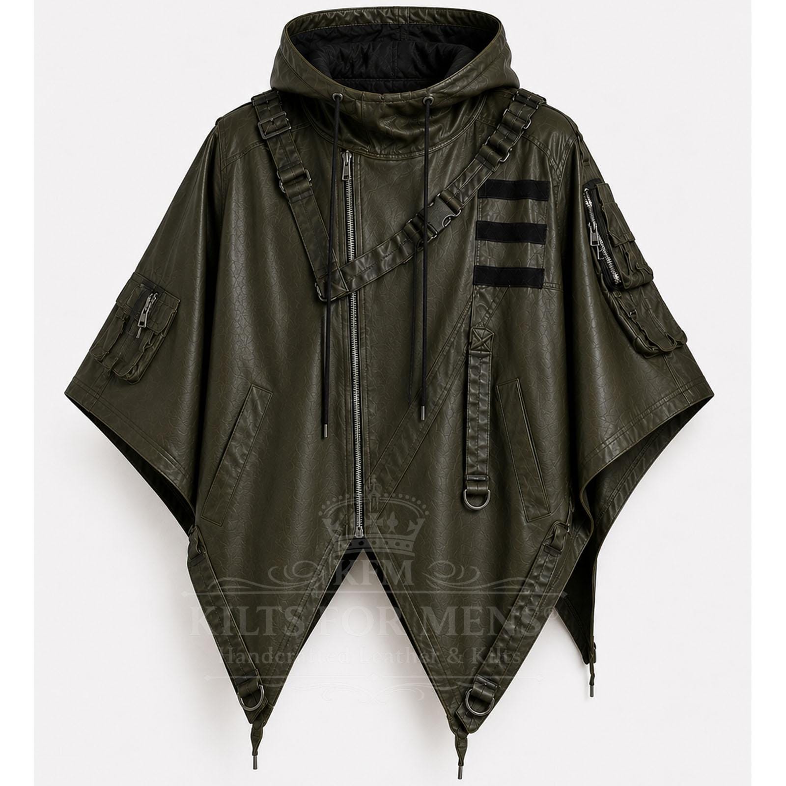 Viking Jacket - Dark Green Leather Hooded Poncho, Medieval Fantasy Cape, Viking Cloak, Renaissance