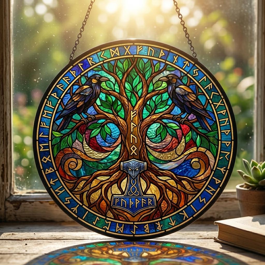 Viking Yggdrasil Tree of Life Home Decor - Yggdrasil Tree of Life Stained Glass Suncatcher, Viking