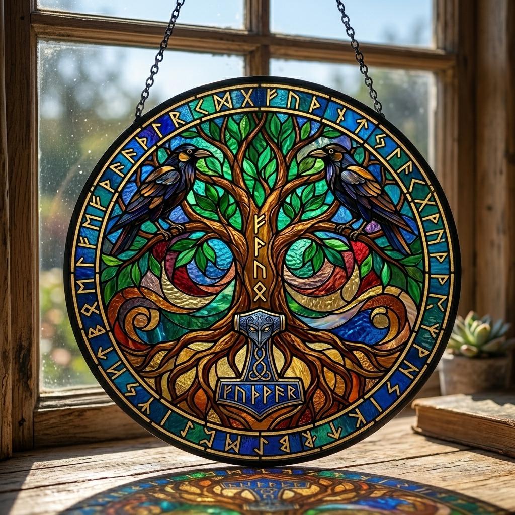 Viking Yggdrasil Tree of Life Home Decor - Yggdrasil Tree of Life Stained Glass Suncatcher, Viking