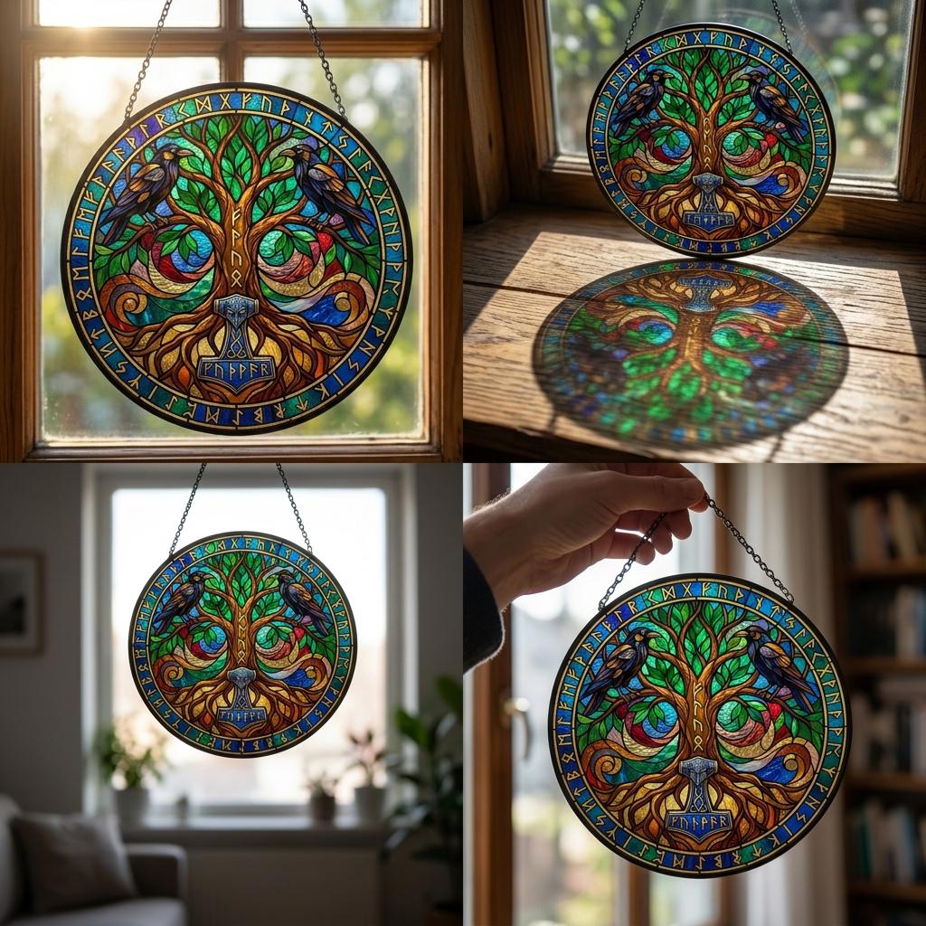 Viking Yggdrasil Tree of Life Home Decor - Yggdrasil Tree of Life Stained Glass Suncatcher, Viking