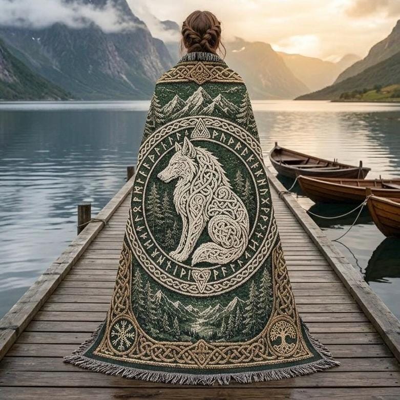 Viking Wolf Blanket - Fenrir Nordic Design Woven Blanket, Viking wall Art, Mountains, Pine Trees