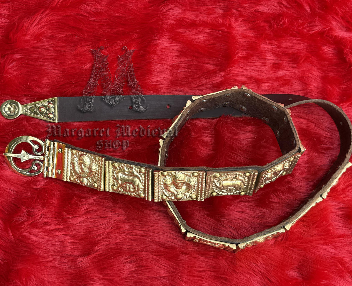 Viking Leather Accessory - Embossed Viking belt from brown or black 3, 2mm leather, with bronze