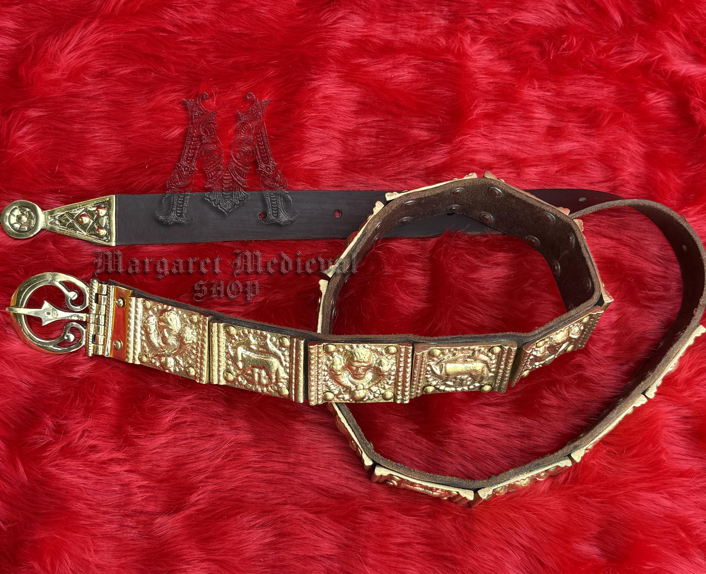 Viking Leather Accessory - Embossed Viking belt from brown or black 3, 2mm leather, with bronze