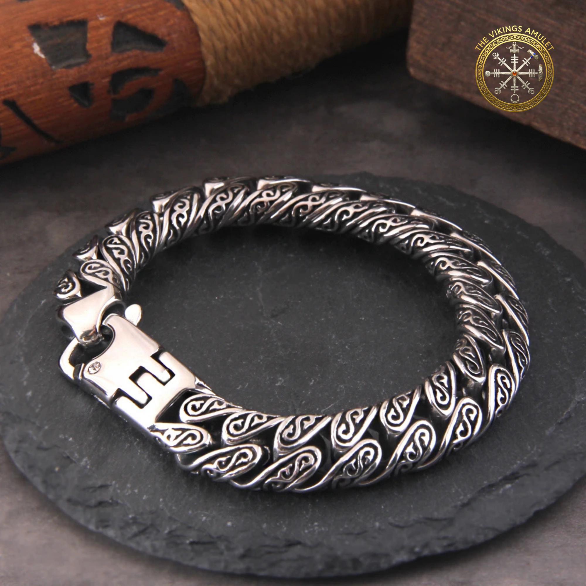 Viking Bracelet - Vikings Norse Dragon Cuff Bracelet, Minimalist Stainless Steel Punk Mesh Link
