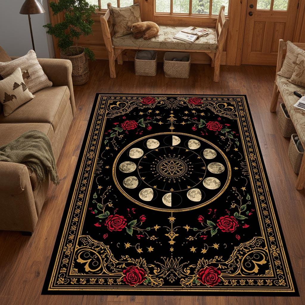 Viking Rune Rug - Norse Viking Ship Rug with Rune Circle and Mythic Animal Guardians, Black Gold