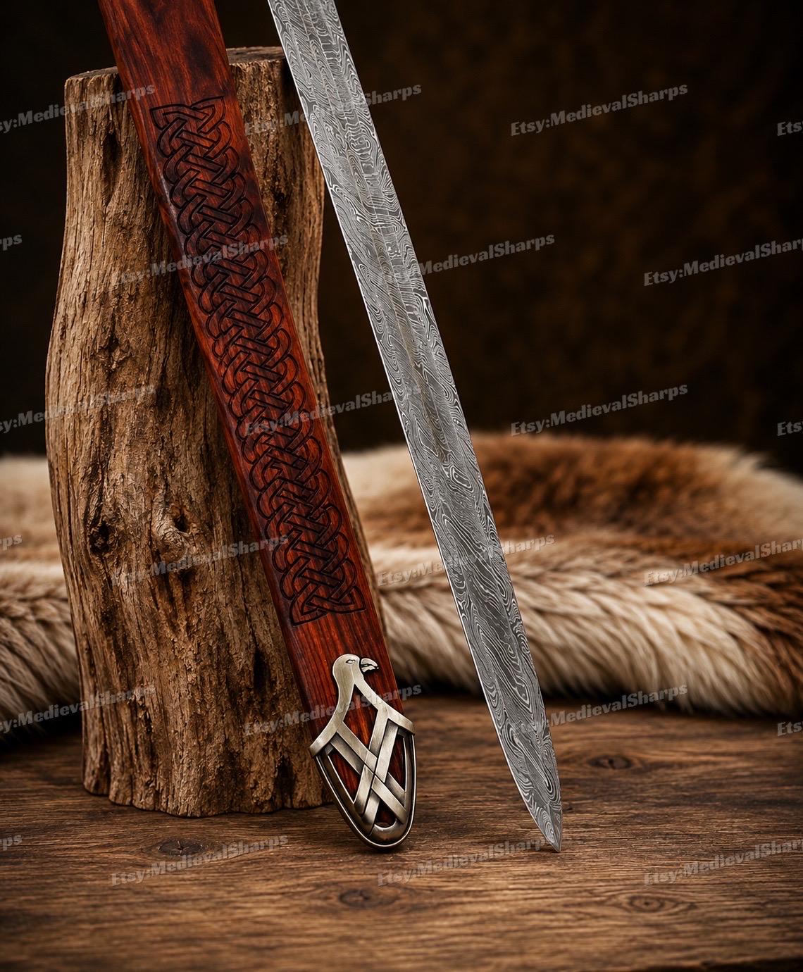 Viking Costume & LARP - 36” Damascus Northmen Sword with Scabbard, Handmade Collectible Medieval