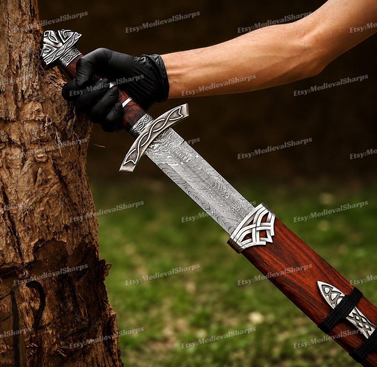 Viking Costume & LARP - 36” Damascus Northmen Sword with Scabbard, Handmade Collectible Medieval