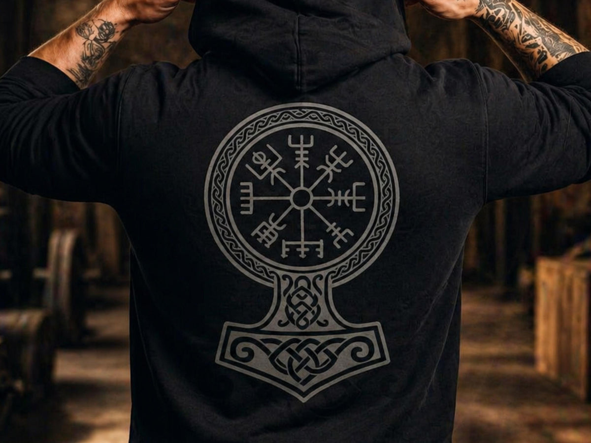 Viking Thor's Hammer Hoodie - Viking Hoodie Men Vegvisir Compass Mjolnir Thor Hammer Norse