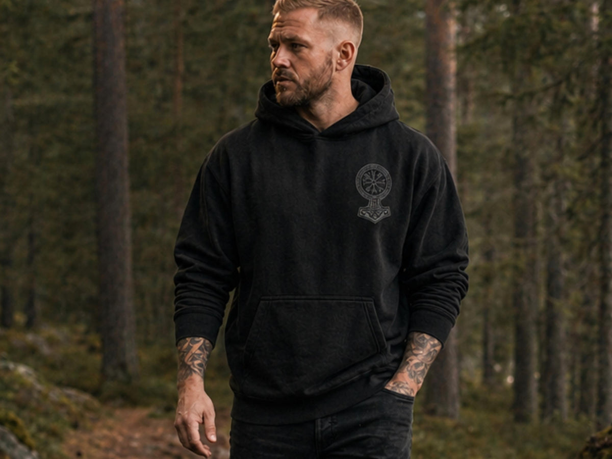 Viking Thor's Hammer Hoodie - Viking Hoodie Men Vegvisir Compass Mjolnir Thor Hammer Norse