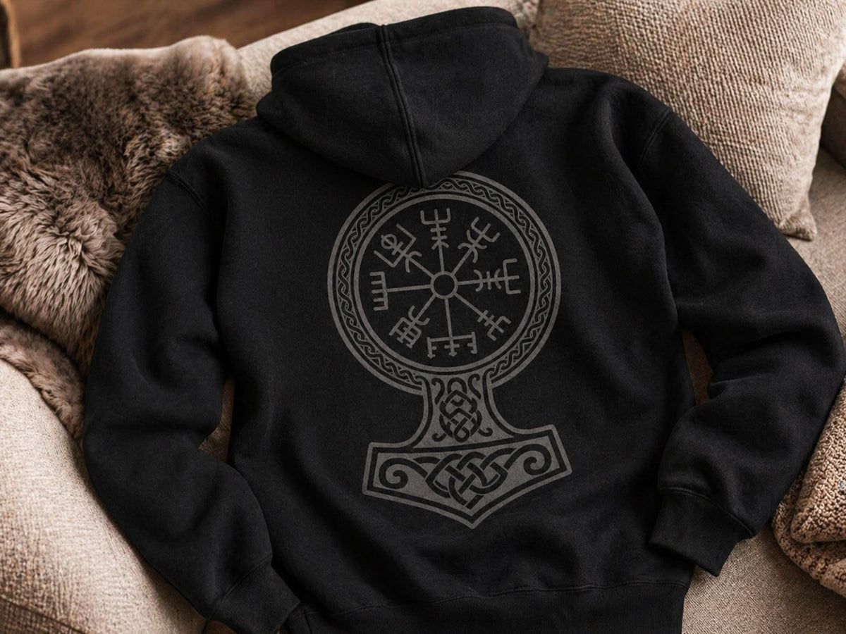 Viking Thor's Hammer Hoodie - Viking Hoodie Men Vegvisir Compass Mjolnir Thor Hammer Norse