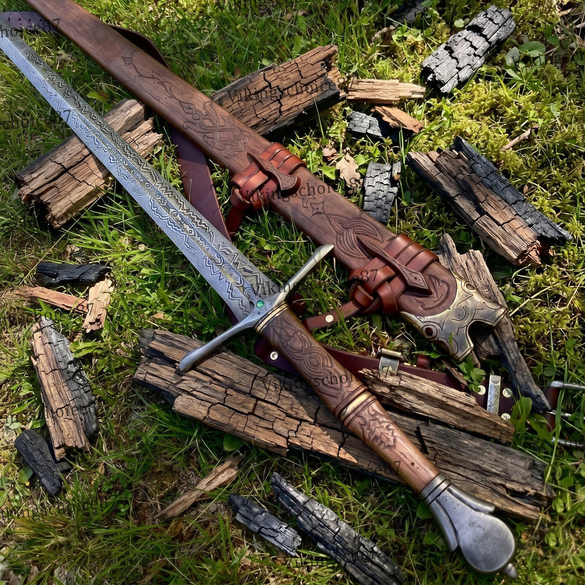 Viking Costume & LARP - 36” Damascus Northmen Sword with Scabbard, Handmade Collectible Medieval